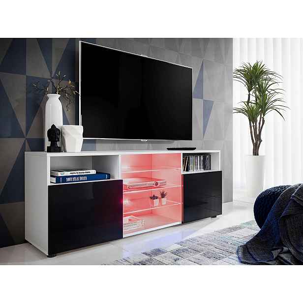 Komodee Moderní komoda Urbino Bílá/Černá Skleněná Led police Multicolor