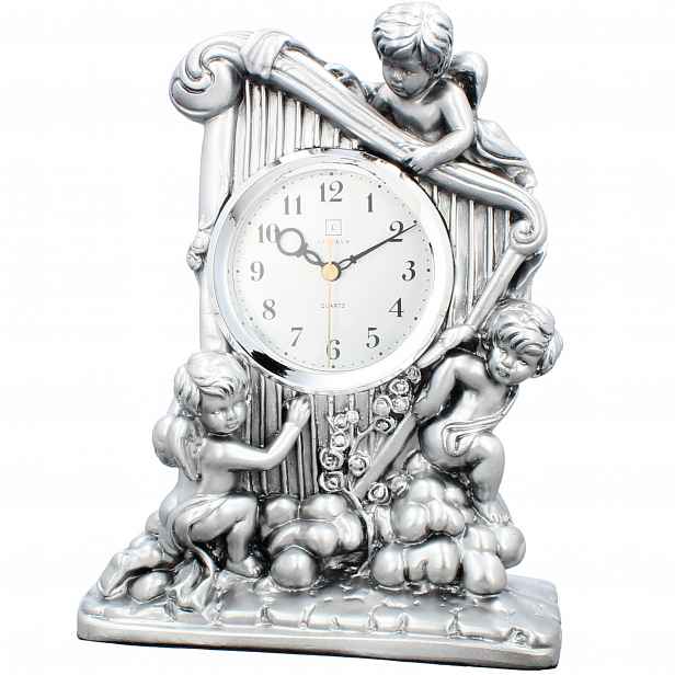 Stojanové krbové hodiny keramické retro stříbrné 28 cm velké Livello Andělé