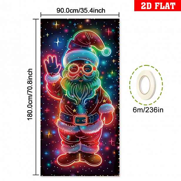 TEMU 2D Plochý, 1 ks UV Aktivovaný Svítící ve Tmě Vánoční Dveřní Banner s Fluorescenčními - Samosvítící Vzory Santa & Sobů/Dárků, UV Reagující