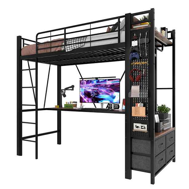 Modenvie VYSOKÁ postel 90/200 cm z kovu a MDF v černé barvě, s psacím stolem a LED osvětlením