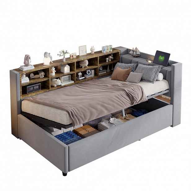 Modfu ČALOUNĚNÁ postel ze sametu 90x200 cm světle šedá s LED osvětlením, USB, USB-C a hydraulickým úložným prostorem