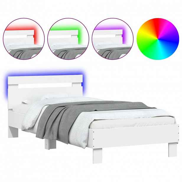 vidaXL Rám postele s čelem a LED osvětlením bílý 90 x 200 cm