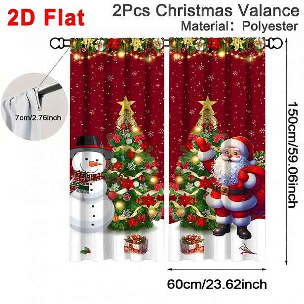 TEMU 2D Ploché, 2ks Sváteční Vánoční Závěsy, 60x150cm na Tyč Polyesterové Závěsy, Červený Santa Snoušek Design Stromu z Jehličí, Světelně Propustné