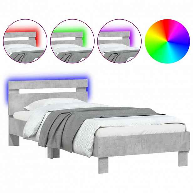 vidaXL Rám postele s čelem a LED osvětlením betonově šedý 75 x 190 cm