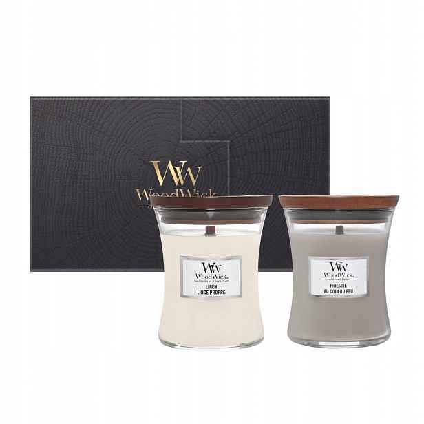 Dárková sada WoodWick Linen & Fireside 2 střední svíčky