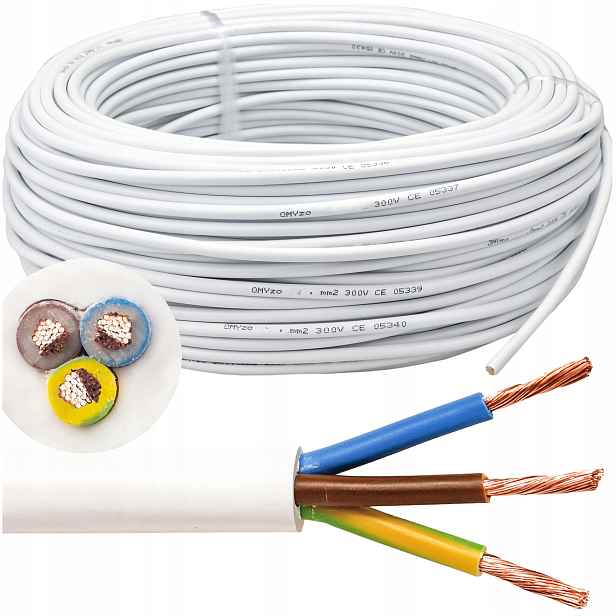 Kulatý Kabel 100 m Bílý Ohebný Linkový proudový kabel Omy 3x0,75 mm2