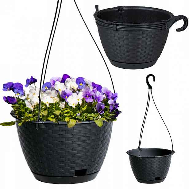 TEMU Závěsný květináč, 23 cm, Ratan, Antracitová, Kulatý, s háčkem, 3 l