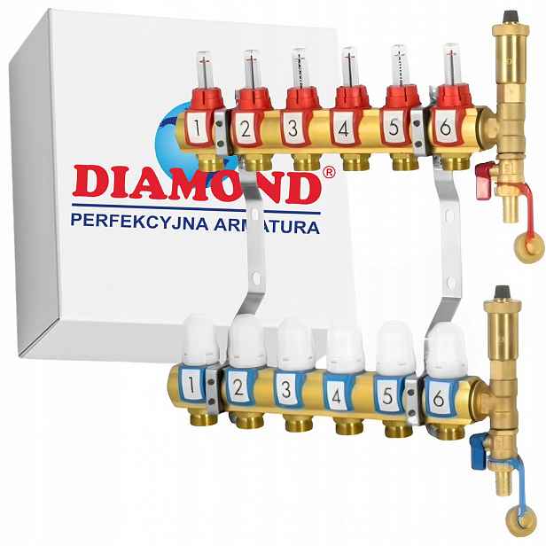 Rozdělovač 6 Okruhů Podlahového Vytápění Pro Mosaznou Podlahovou Krytinu Diamond