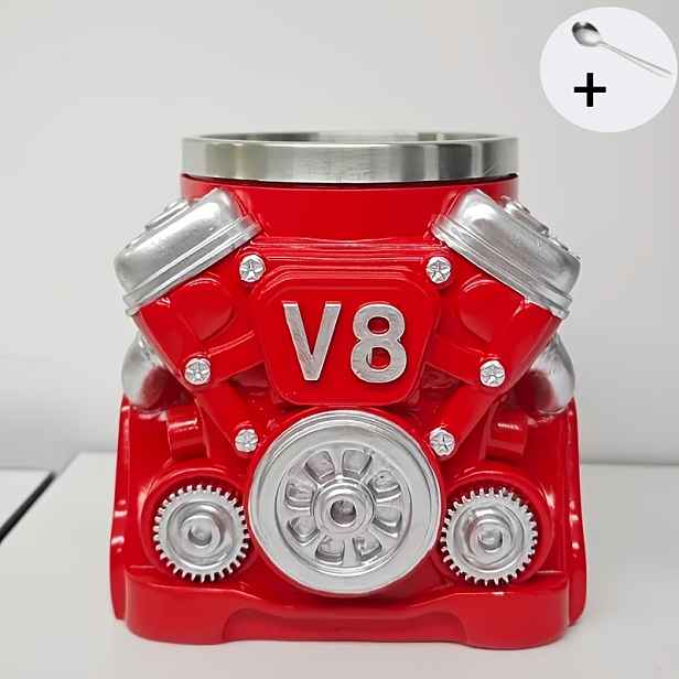 TEMU Hrnek z nerezové oceli ve tvaru V8 motoru, retro mechanický hrnek na kávu s auta, dárek pro , chlapečka, odolný proti nárazům, trvanlivý pánský