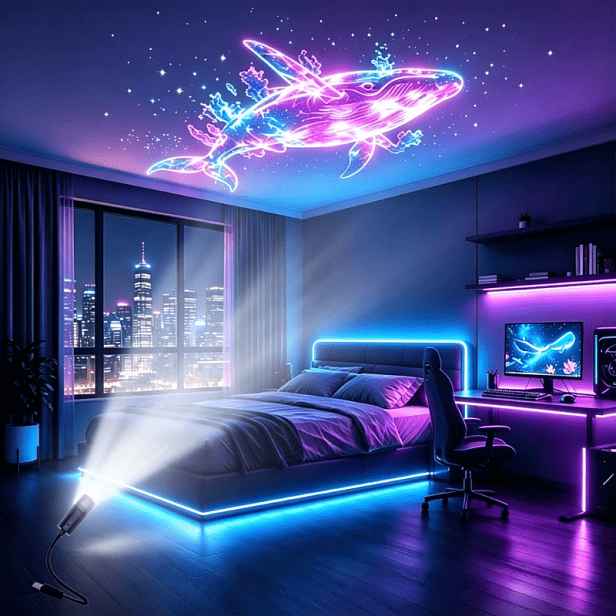 TEMU LED projekční lampa s oceánských zvířat, otočná stupňů, 8 ks lamel a USB montáž lampy, dekorativní světlo na strop do ložnice, bílá stěna s