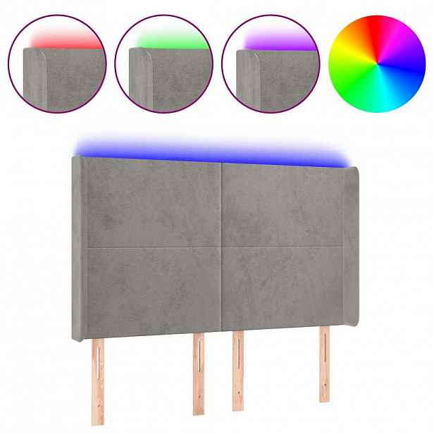 vidaXL Čelo postele s LED světle šedé 147x16x118/128 cm samet