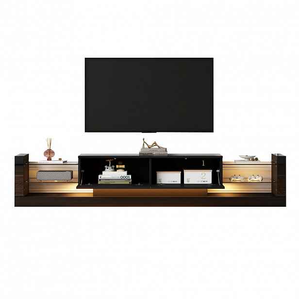 Modfu TV stolek z dřevotřísky 181x38x38 cm černý s LED osvětlením, skleněným čelem a 2 výklopnými úložnými díly