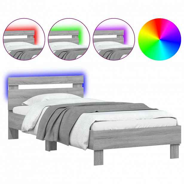 vidaXL Rám postele s čelem a LED osvětlením šedý sonoma 75 x 190 cm