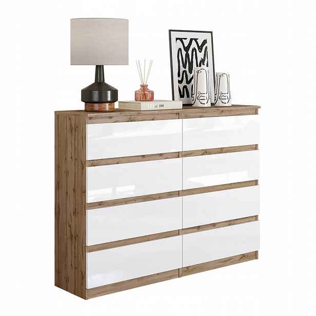 Komoda 120 CM Dub Wotan Bílý Lesk 8 Zásuvek, Obývací Pokoj, Ložnice