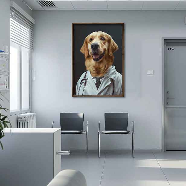 Dekorativní obraz v dřevěném rámu pes doktor, 35 x 47 cm