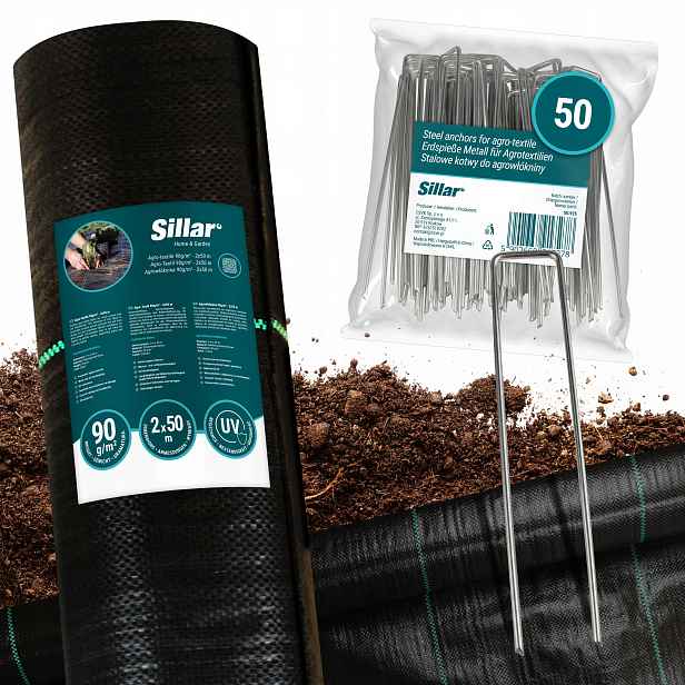 Silná agrotextilie 90 g 2x50 m ocelové kovové kotvy x50