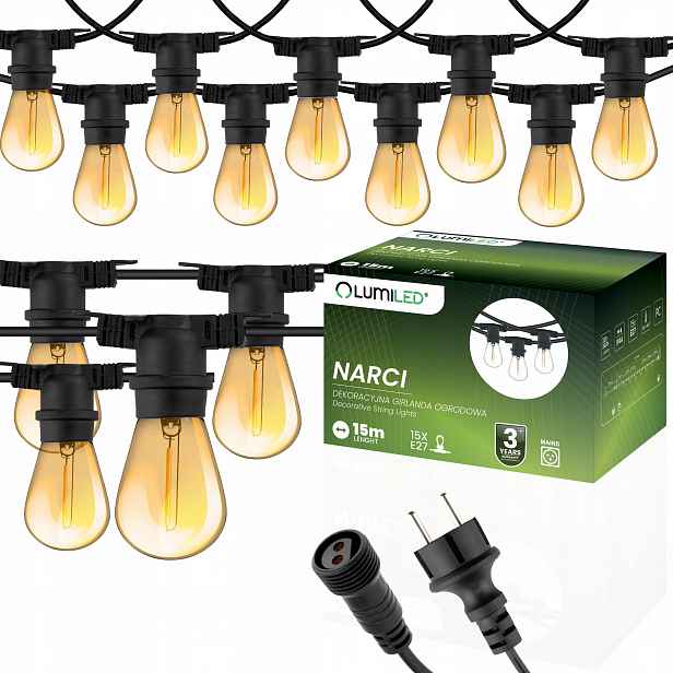 Zahradní girlanda Venkovní Řetěz s žárovkami Led 15m 15x E27 1,3W Premium