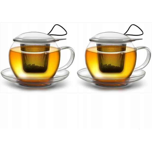 Sada 2 Šálků Na Čaj 450 ML Sklo Sítko Víko Podšálek XXL