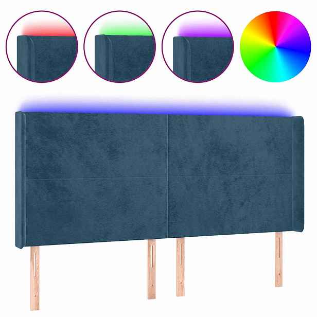 vidaXL Čelo postele s LED tmavě modré 163 x 16 x 118/128 cm samet