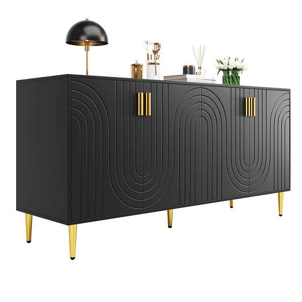 Redom SIDEBOARD 152/40/75 cm s vlnitými čelními dveřmi a zlatými detaily, Černá