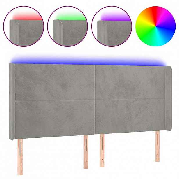 vidaXL Čelo postele s LED světle šedé 183 x 16 x 118/128 cm samet