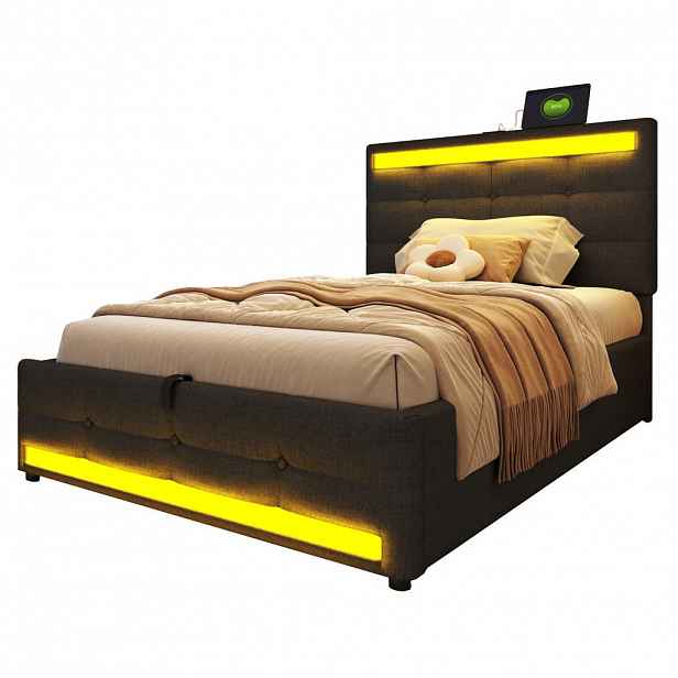 Modfu ČALOUNĚNÁ postel z lněné tkaniny 90x200 cm šedá s RGB LED osvětlením, 2 USB porty a nastavitelným čelem