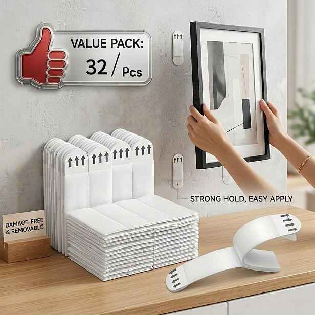 TEMU 32/4 ks Odolné vodotěsné nástěnné háčky bez vrtání s odnímatelným lepidlem, vhodné pro sádrokarton a foto stěny, PVC závěsné lišty na rámy,