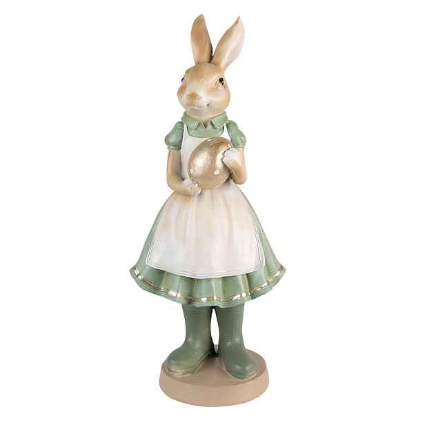 Zelená dekorace zaječí dáma se zlatým vajíčkem - 17*15*40 cm Clayre & Eef