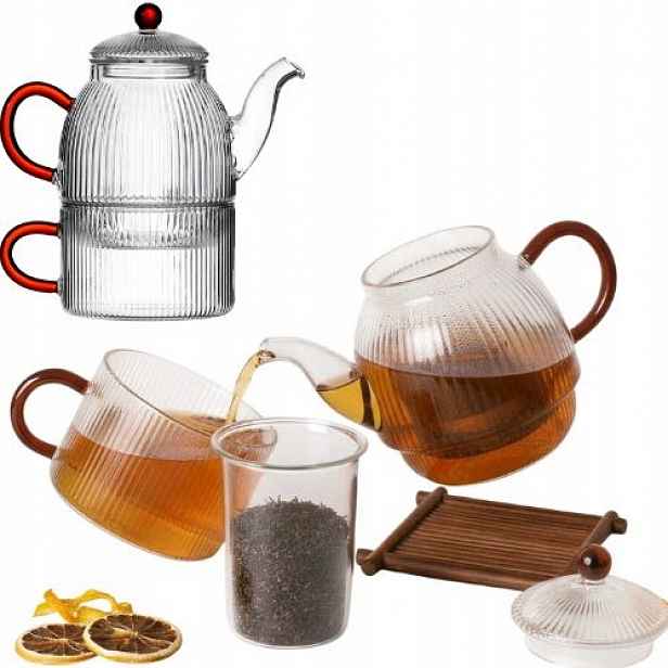 Čajník Čajová Konvice Se Sítkem 0,5 L S Šálkem 250 ml Čajový Set Sklo