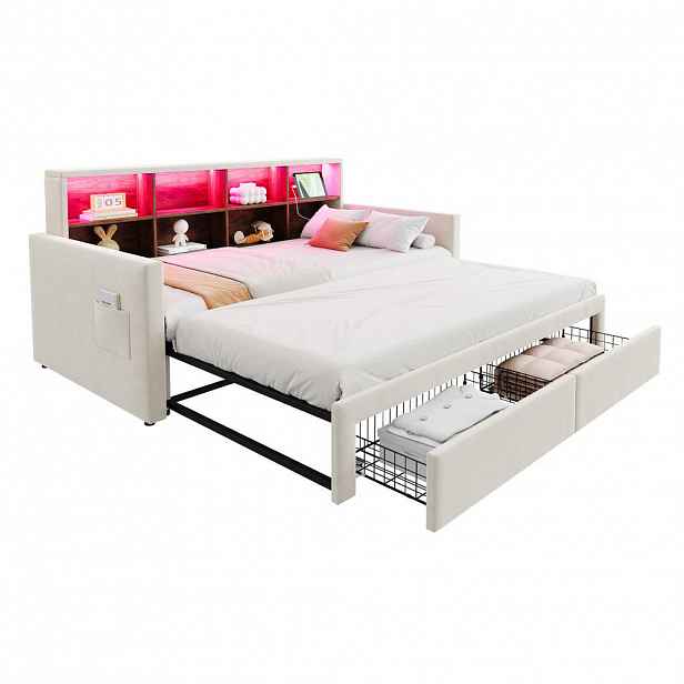 Modfu ČALOUNĚNÁ postel ze sametu 90x190 cm béžová rozkládací s LED, USB, zásuvkami, úložným čelem a 2 zásuvkami