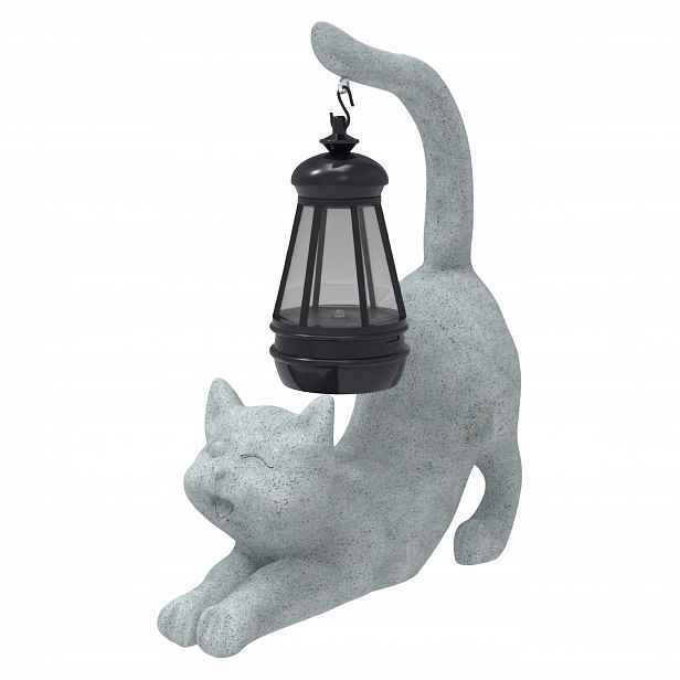 Figurka Lampion Lampa Solarka Zahradní dekorace Kočka Pryskyřice Šedá 20 cm
