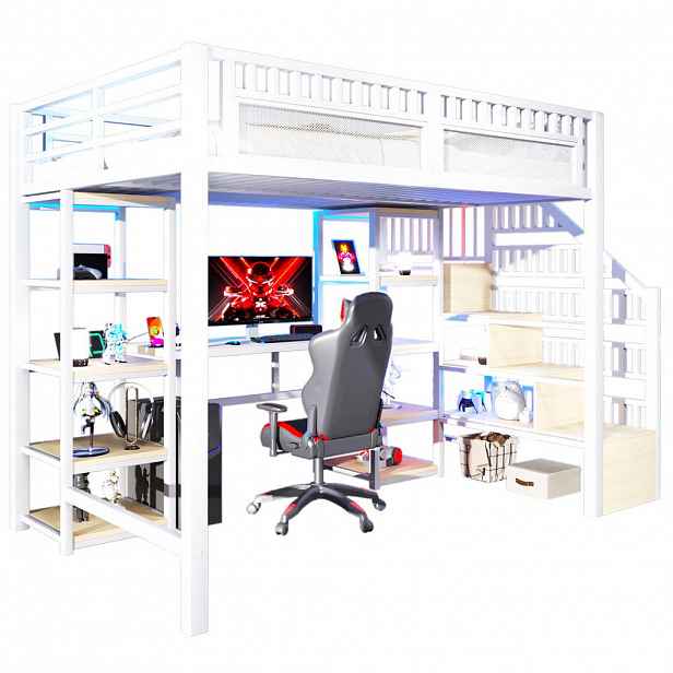 Modfu PATROVÁ postel z kovu a MDF 140x200 cm bílá s LED osvětlením, USB porty, psacím stolem a úložnou žebříkovou skříňkou