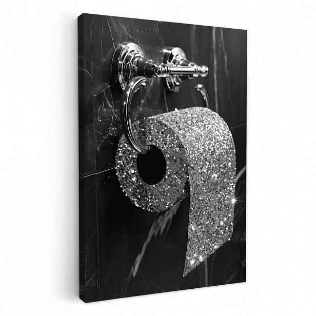 MuchoWow OBRAZ NA PLÁTNĚ WC - Toaletní papír - Černá a bílá - Třpytky 60x90 cm
