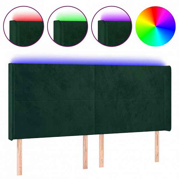 vidaXL Čelo postele s LED tmavě zelené 203 x 16 x 118/128 cm samet
