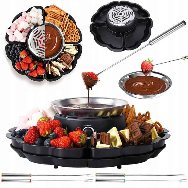 Fondue Elektrické 2v1 4 Vyjímatelné tácky na marshmallow a sušenky Černá