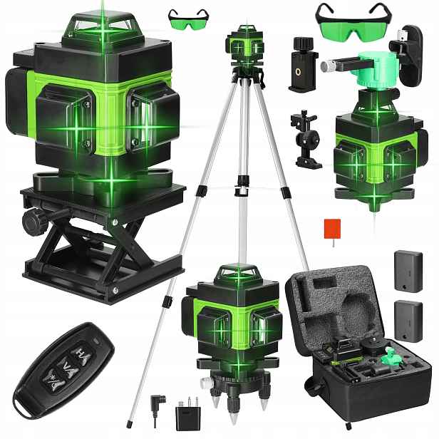 2x Laserová Vodováha Křížový Laser 4D Samonivelační 16 Linek 2xAKU+ Sta