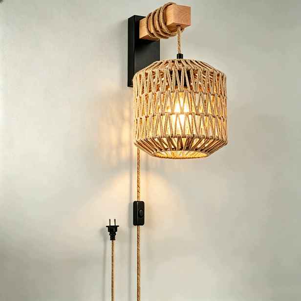 Boho ratanová nástěnná lampa, khaki tkané nástěnné světlo s vypínačem do ložnice