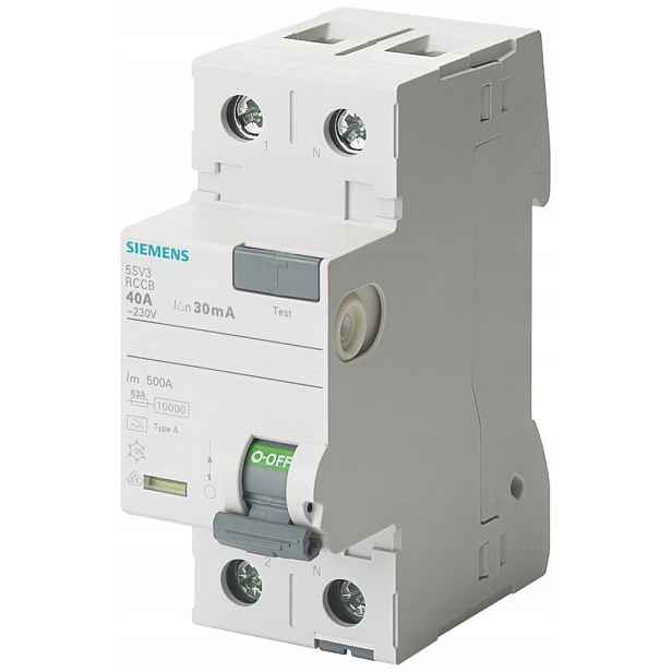 Siemens proudový chránič, 2-pólový, typ A, In: 40 A, 30 mA, Un Ac: 230 V