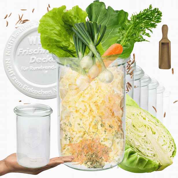 Sklenice Weck 1050 ml 1 l Mold mouka rýže těstoviny plastové víko Odměrka 6 Ks