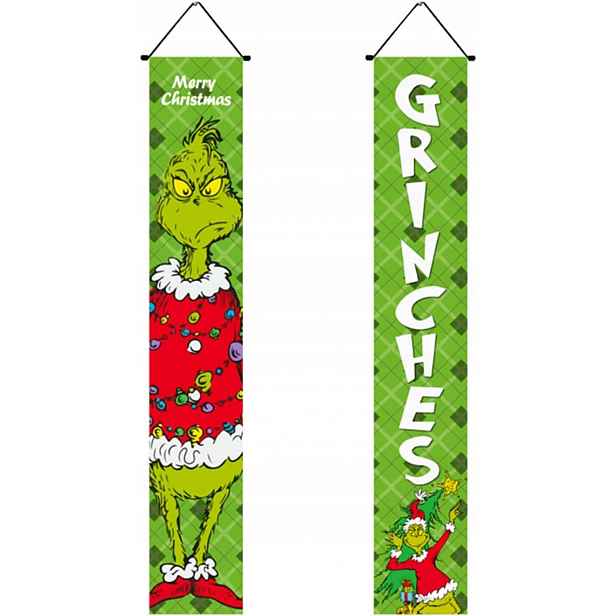 Vánoční dekorace na verandu, 2 ks. baner Grinch, venkovní dekorace
