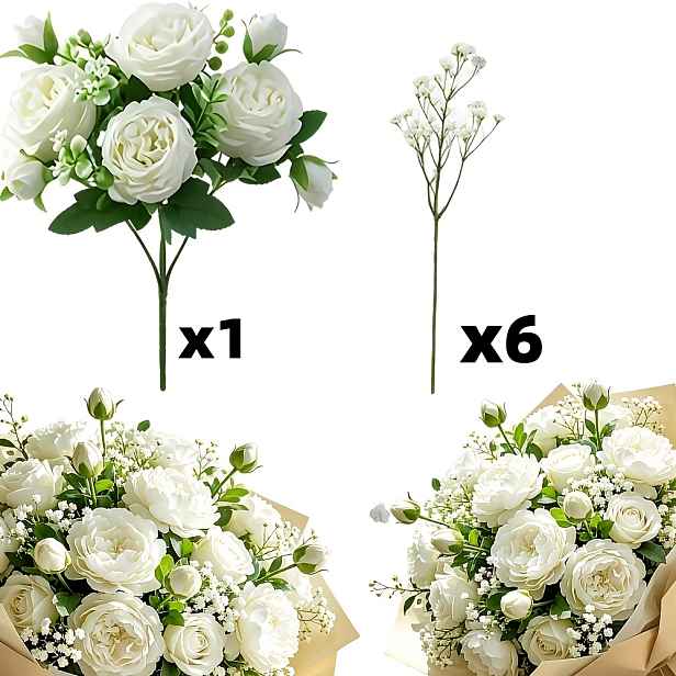 TEMU 7ks = 1 bílá pivoňka + 6 kytice umělých pivoněk s gypsophilou | Vhodné pro interiérovou/venkovní domácí dekoraci, svatební aranžmá, svatební