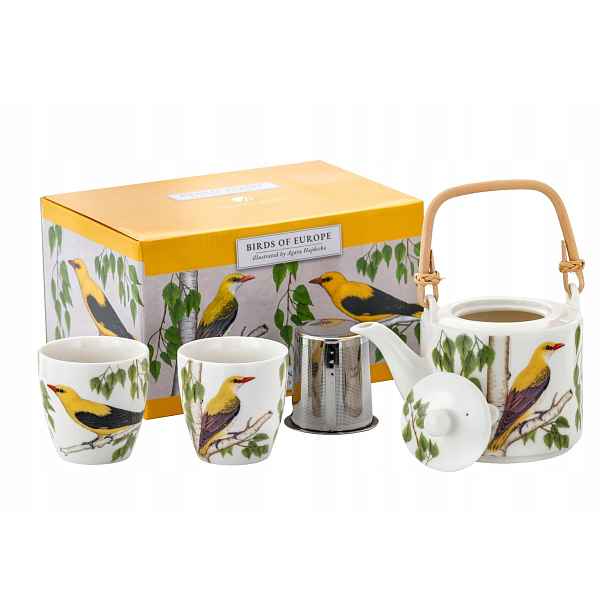 Porcelánový džbán 600 ml sítko 2 šálky 150 ml vlhko Polské Ptáci