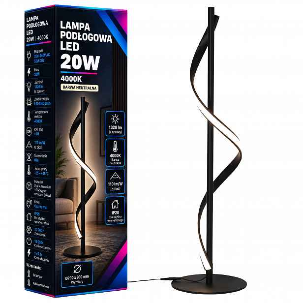 Stojací Led podlahová lampa 4000K 20W černá 90 cm pro čtení