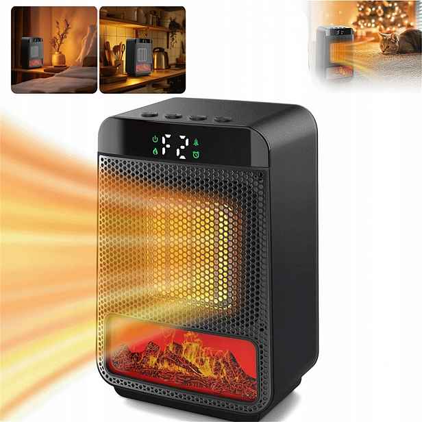 Elektrický Ohřívač S 3D Efektem Plamene, Časovač 12 Hodin, Černý
