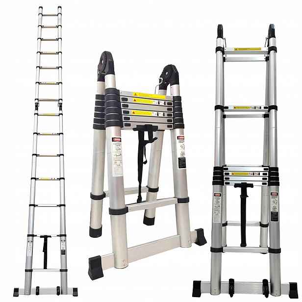 Hliníkový teleskopický skládací žebřík 2,9+2,9/5,8 m, 150 kg, kloubový, 2x7 stupňů