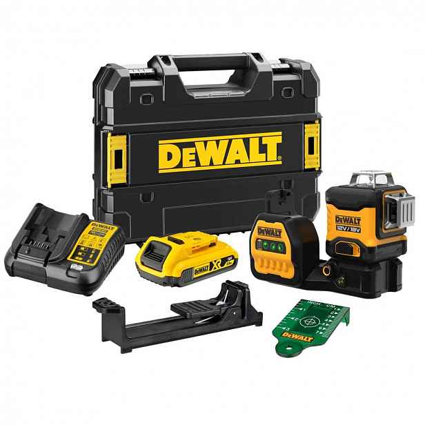 DeWALT - 12/18V AKU zelený křížový laser, 1x aku 2,0 Ah XR, nabíječka DCE089D1G18