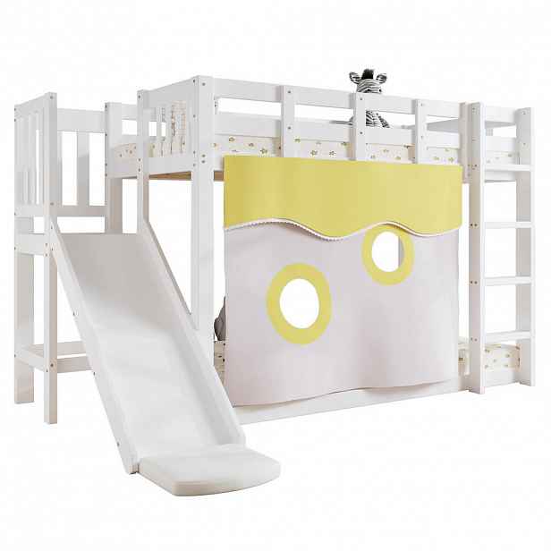Modfu PATROVÁ postel z borovice a MDF 244,5x165x140,5 cm bílá s tobogánem, schůdky, zábranami a závěsem