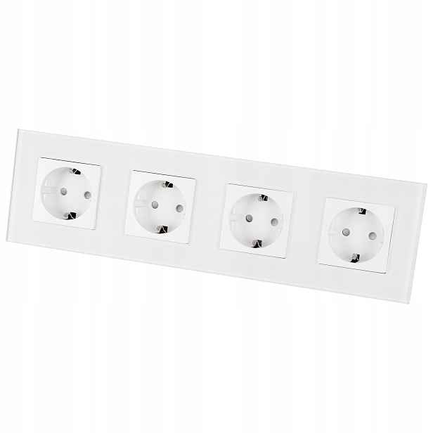 Čtyřnásobná skleněná zásuvka Matná Schuko Bílá Rámeček Čtyřnásobný a 4x zásuvka