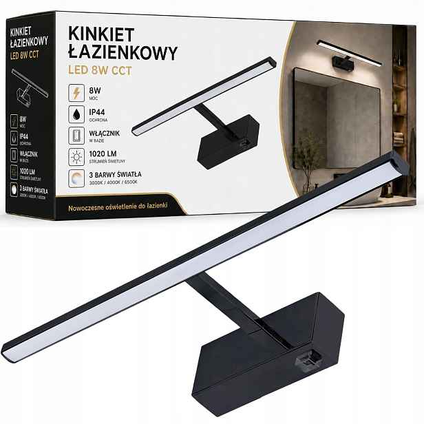 Led koupelnové nástěnné svítidlo 8W černé nad zrcadlo do koupelny, 40,5 cm, vypínač Cct