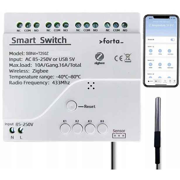 Termostat 4ch beznapěťový Zigbee Tuya Zigbee2MQTT Rf Ncno 250V